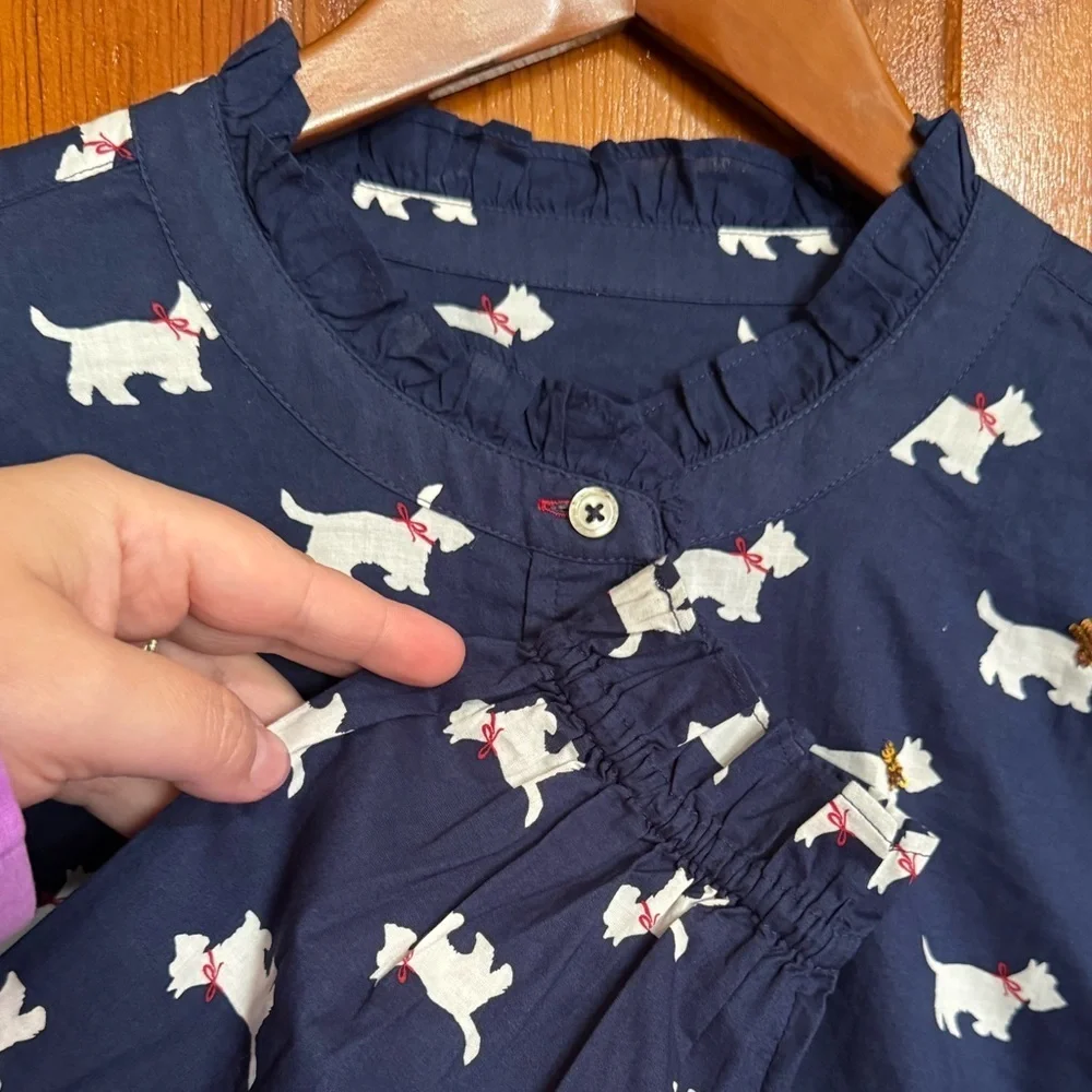 Talbots Scotty Dog Novelty Print Navy Peasant Top Size Large Sequin Detail - Picture 4 of 11